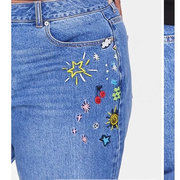 Forever 21 Womens Embroidered High Rise Tapered Hippie Mom Jeans Size 3X NEW - Picture 14 of 15